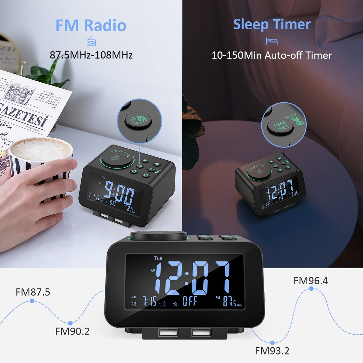 uscce clock charging a smartphone via USB while sitting on a nightstand