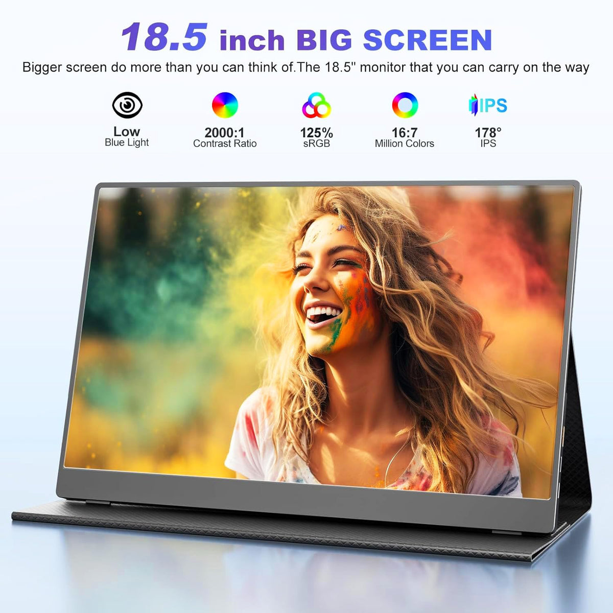 Usparkle 18.5-inch portable monitor connectivity ports for USB-C and HDMI.
