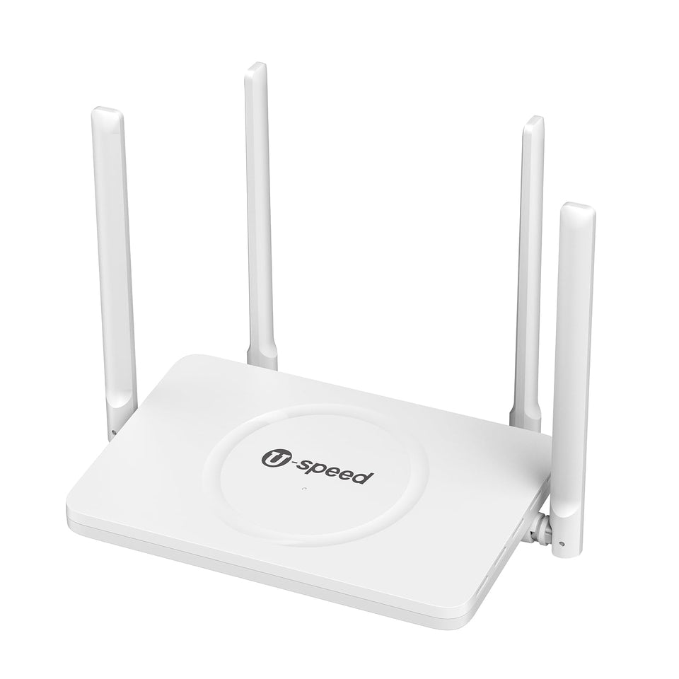 U-SPEED AC1200 router front view for reliable home Wi-Fi