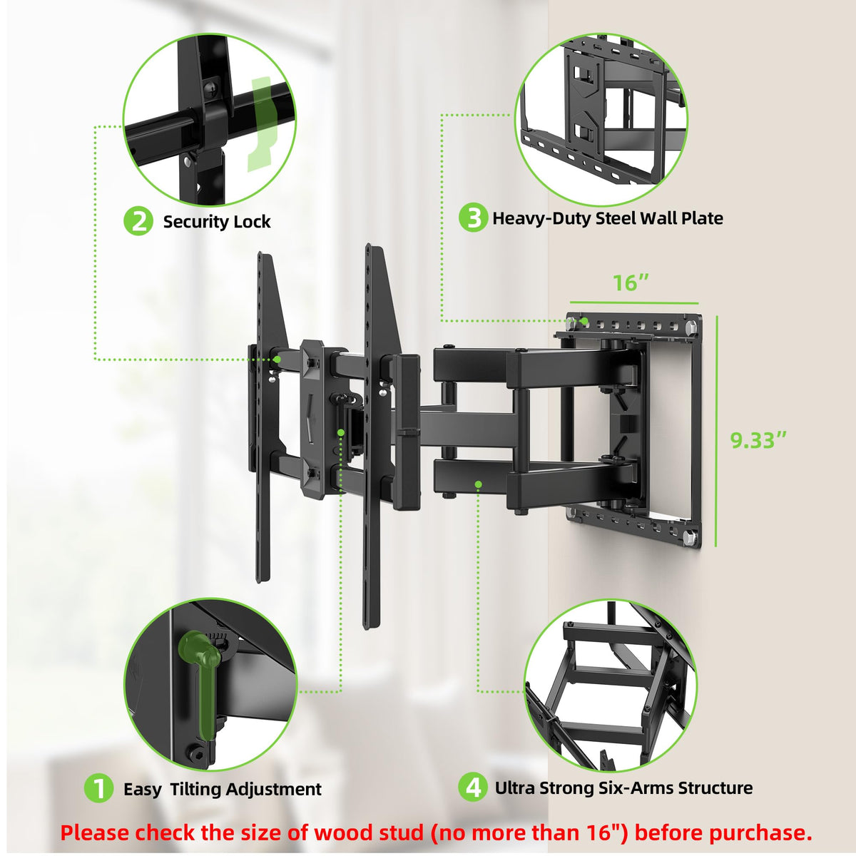 USX MOUNT 16-inch stud mounting range ensures solid wall anchoring