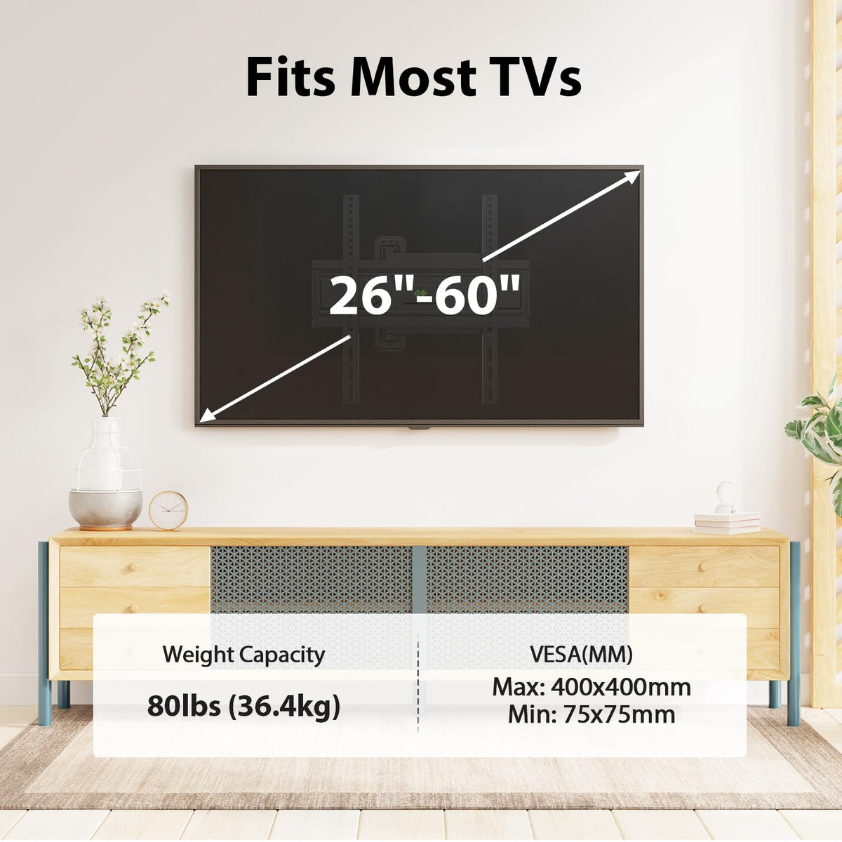 USX MOUNT arm fully extended with TV showing flexible viewing positions