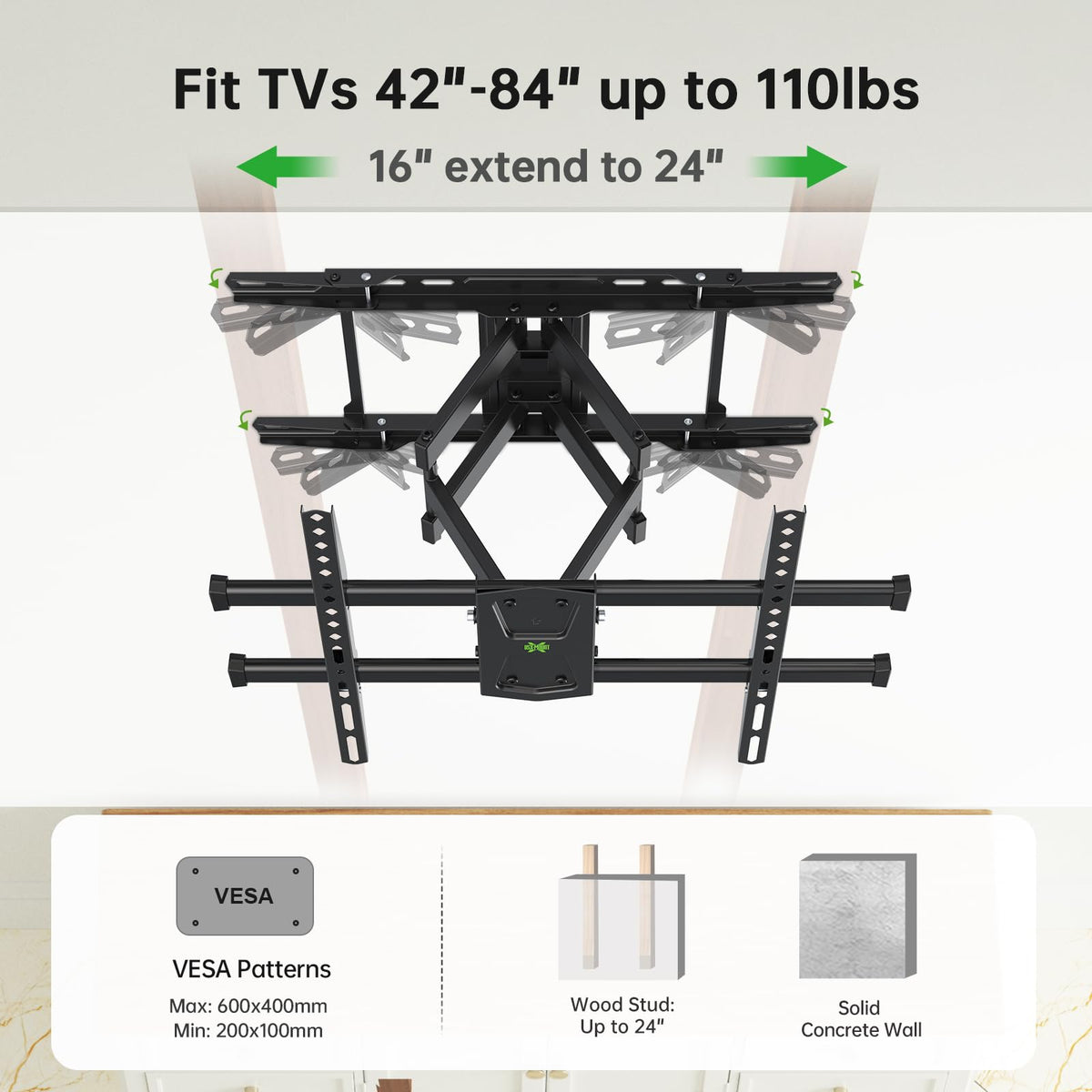 USX MOUNT extendable dual-arm wall mount provides reach for versatile setups.