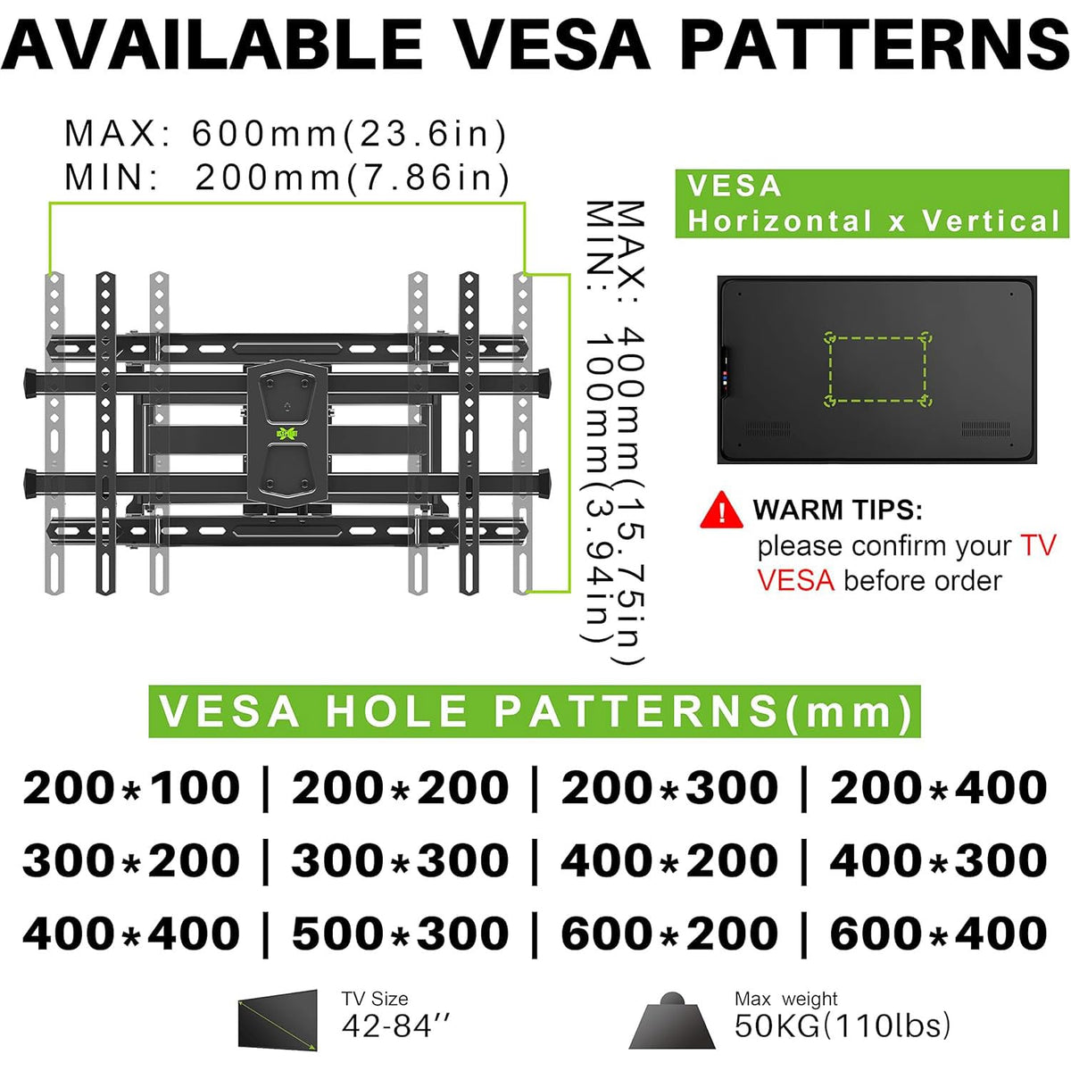 USX MOUNT maximum 110 lb capacity accommodates large TVs securely.