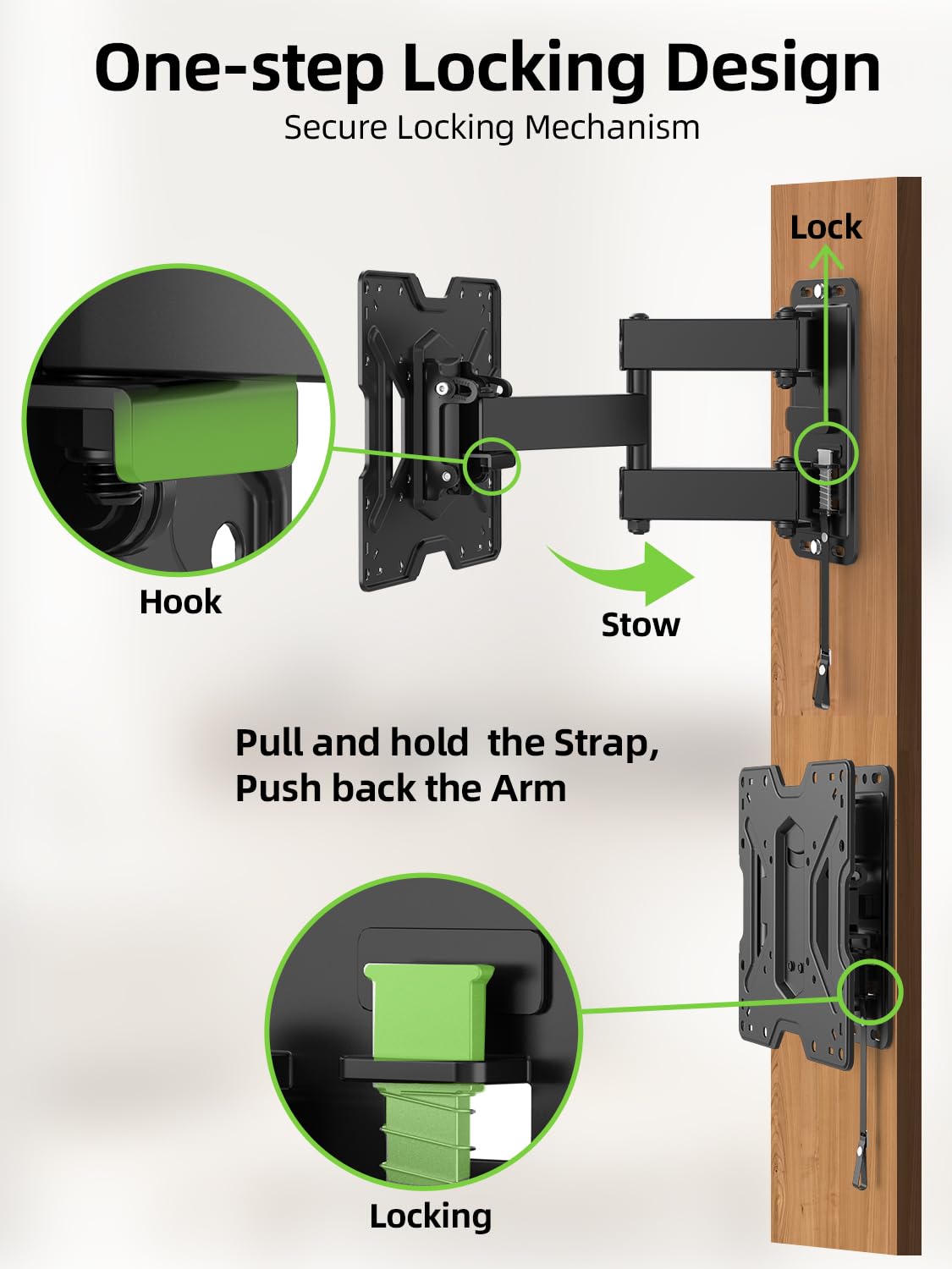 USX MOUNT pull-cord lock detail demonstrating secure travel lock benefit