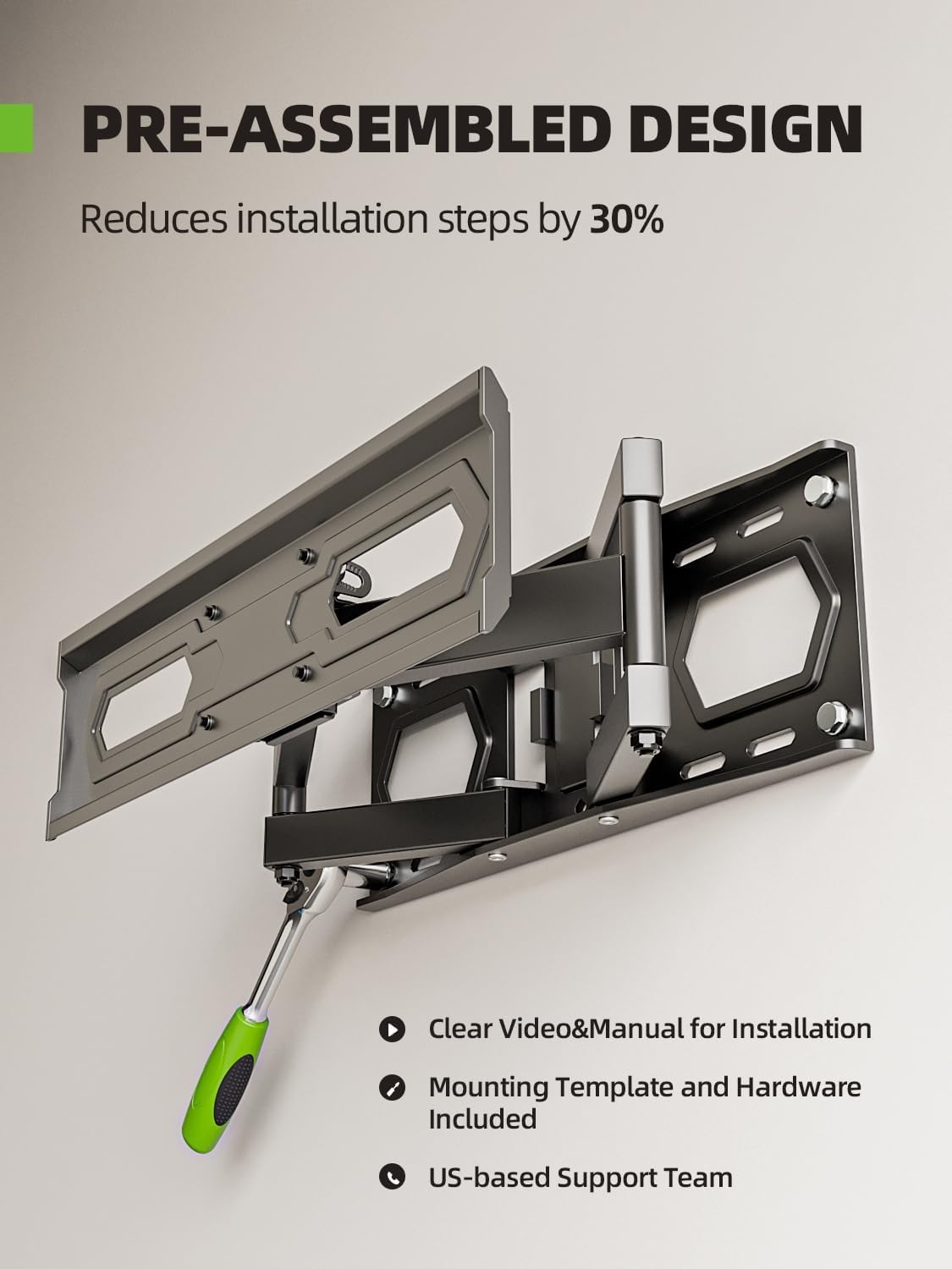 USX MOUNT side profile retracted close to wall saving space and creating neat appearance
