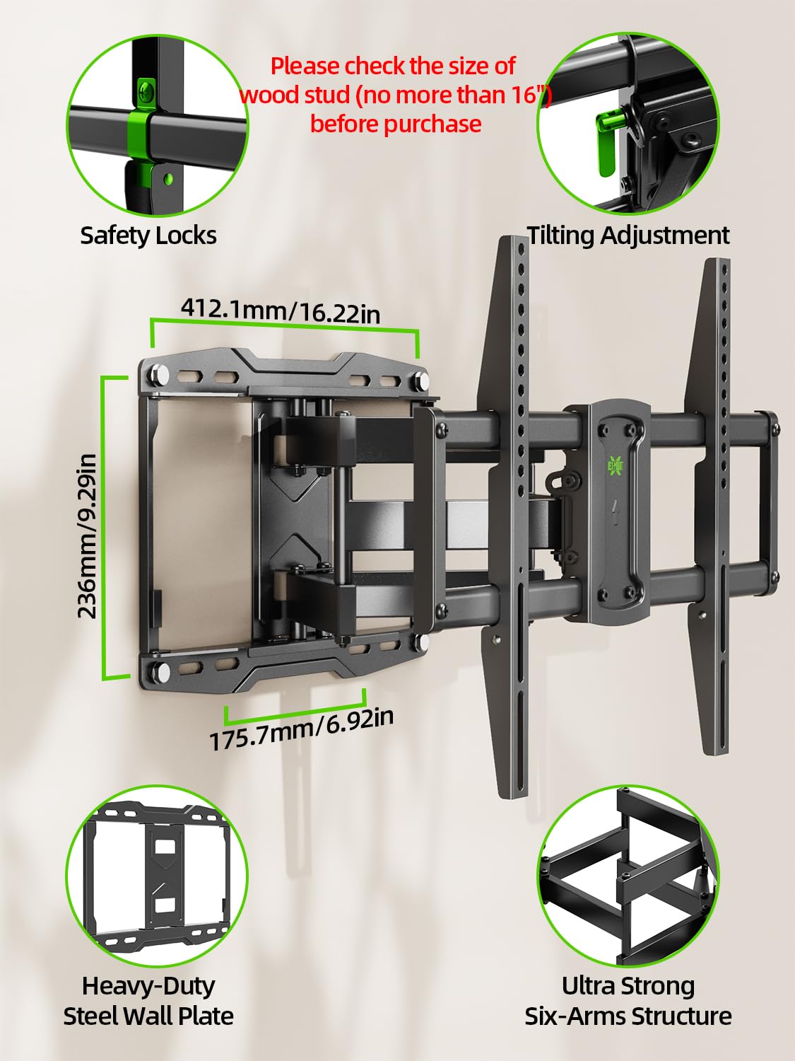 USX MOUNT tilt mechanism detail showing angle adjustments, anti-glare benefit