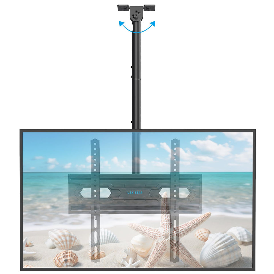 USX STAR front view of ceiling mount holding TV, space-saving benefit