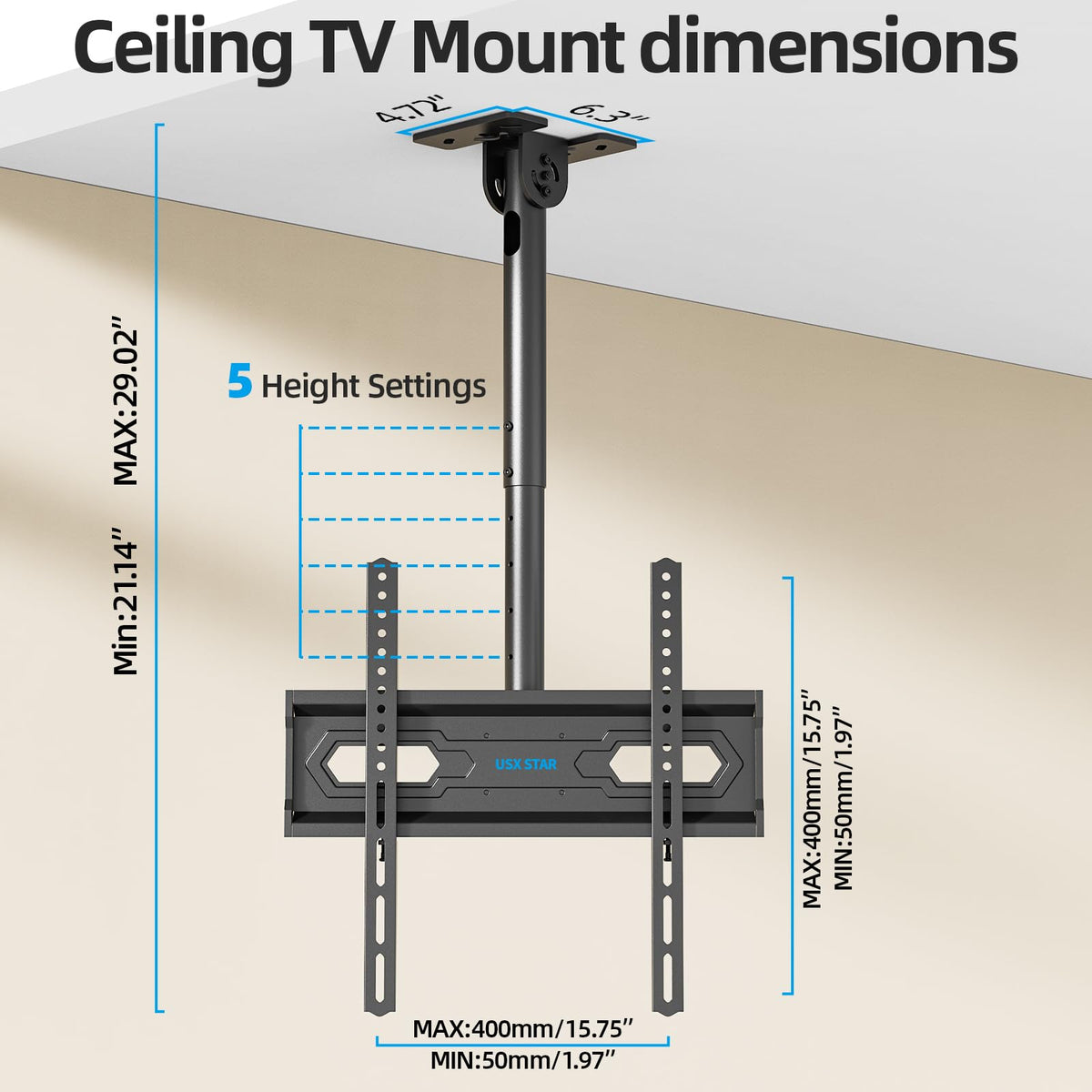 USX STAR mounted TV in living room showing space-saving placement and flexible viewing angles