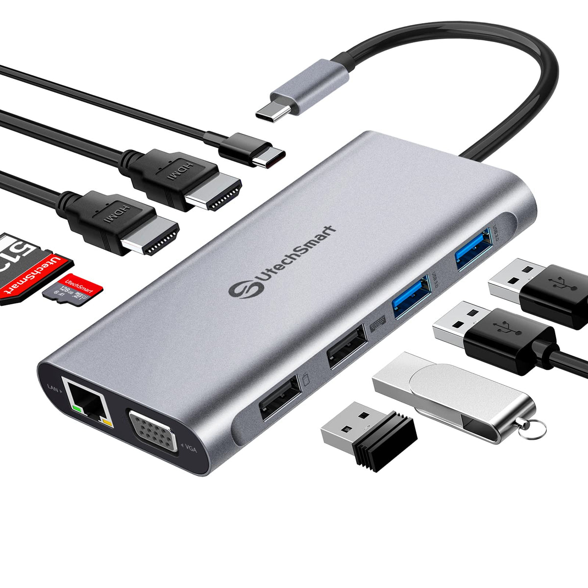 UtechSmart 11-in-1 USB-C dock enabling triple monitor setup for productivity