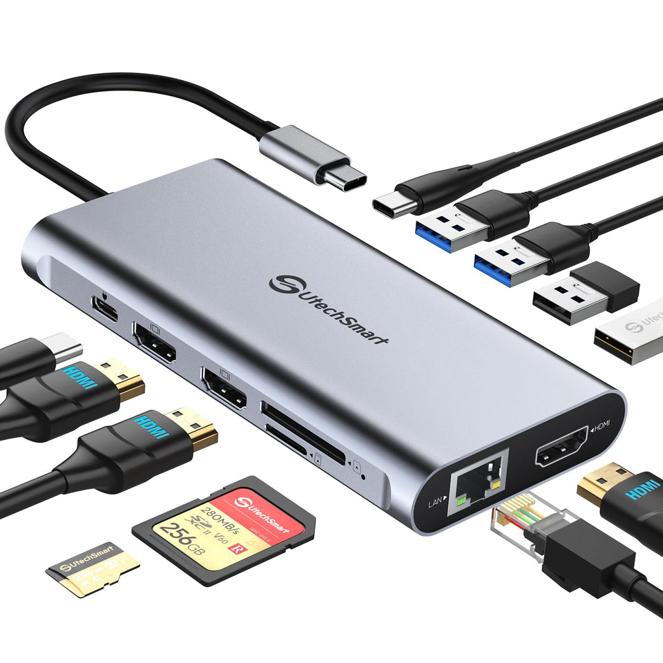 UtechSmart USB-C hub with triple HDMI outputs enabling 4K display expansion.