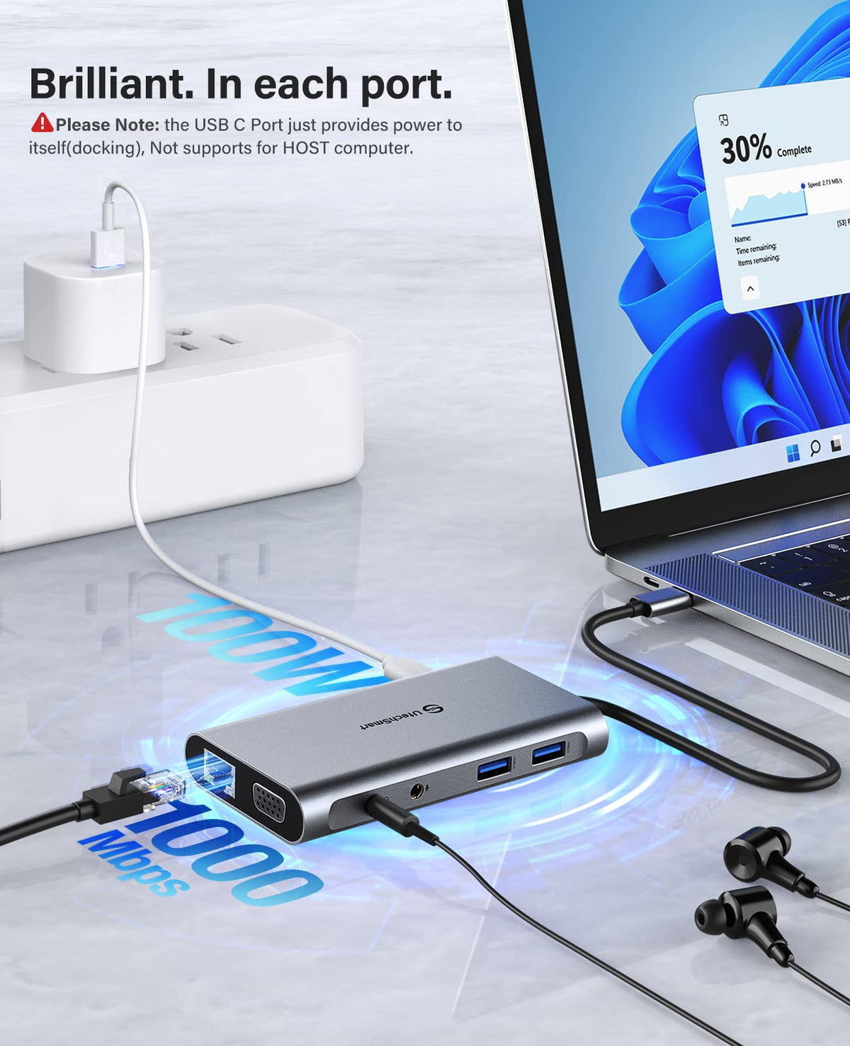 Ethernet, SD, and TF card slots on UtechSmart dock for quick data access
