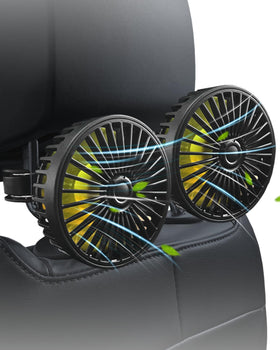 utos backseat car fan with dual heads delivering targeted cooling for rear passengers.