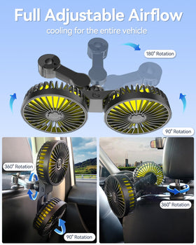 utos backseat car fan low-noise copper motor for quiet operation.