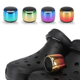 UUEENN mini speaker for clog in red-yellow fade enhances shoe flair with wireless sound.