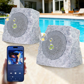 uuffoo rock speaker front view highlights rugged outdoor design for weather-ready spaces.