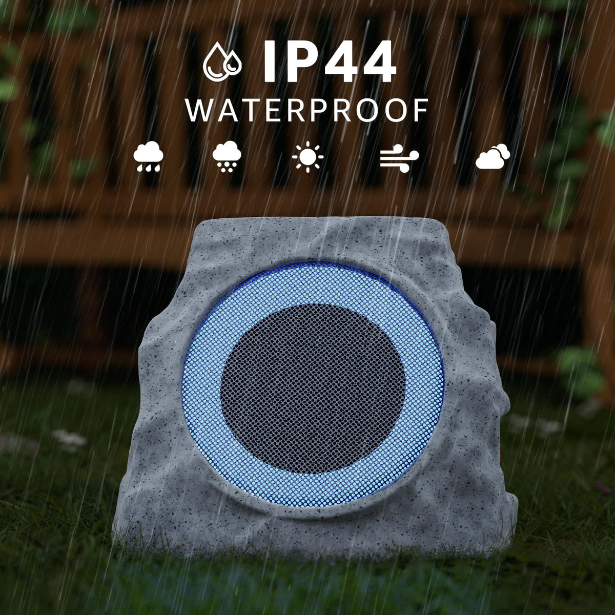 uuffoo rock speaker IP44 weatherproof design withstands rain and splashes.