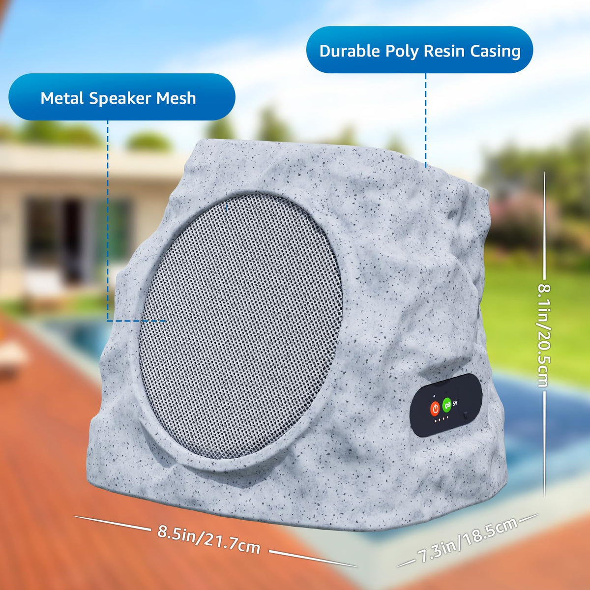 uuffoo rock speaker outdoor poolside setup with IP44 weatherproof protection.