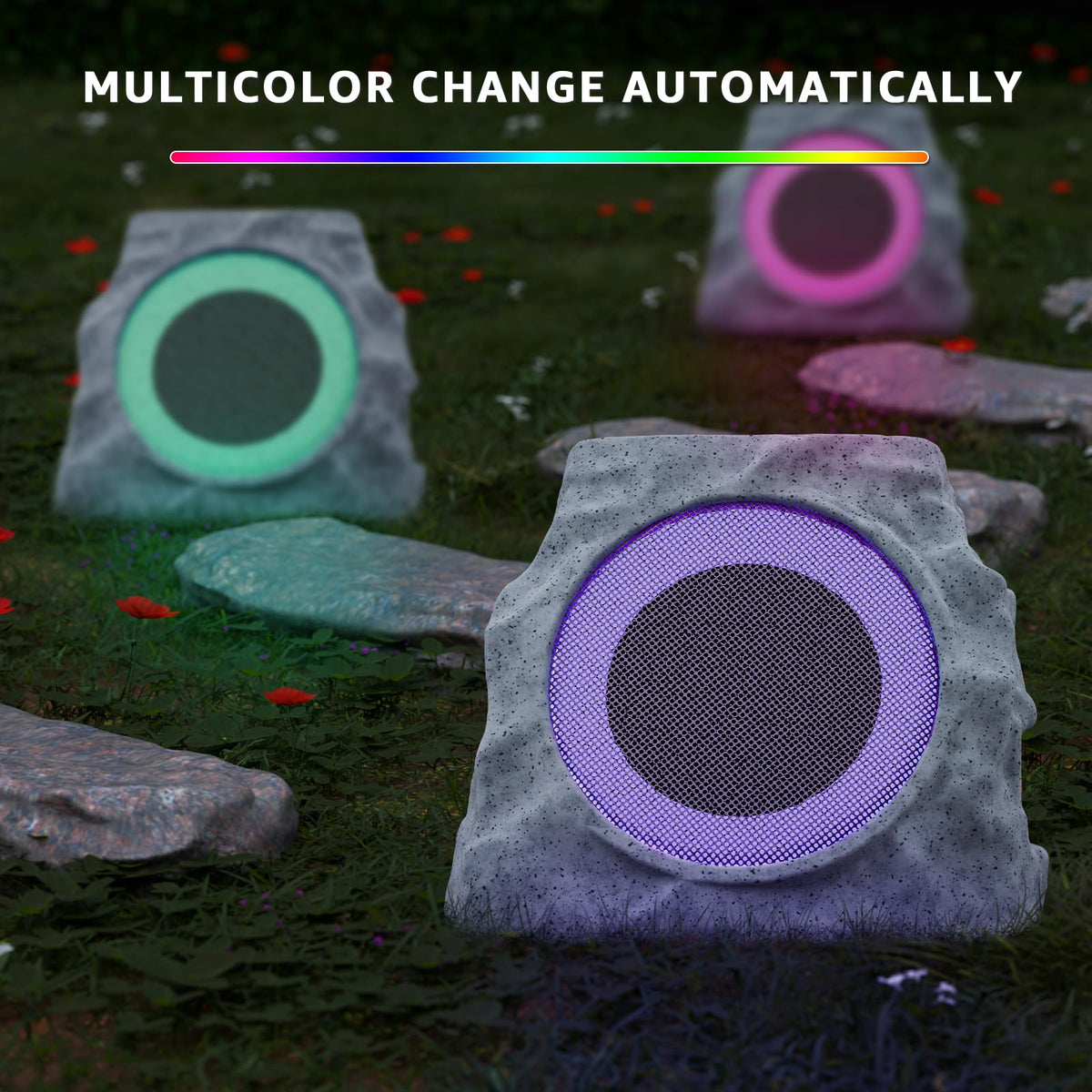 uuffoo rock speaker packaging includes two LED stone speakers and cables.