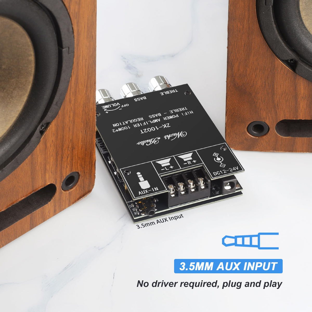 Back ports on the UwayKey 200W amplifier showing DC power and speaker terminals for wiring