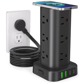 UWIWUTEI front view of power tower showing outlets and wireless pad for organized charging
