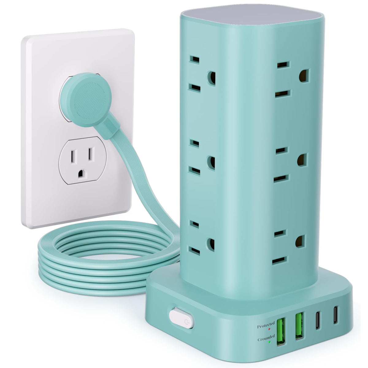 UWIWUTEI blue power tower front view showing outlets and USB for organized charging