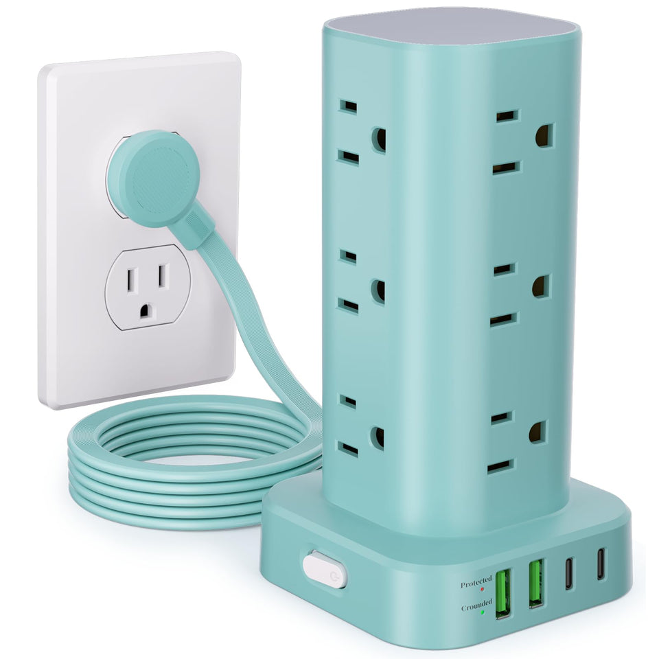 UWIWUTEI blue power tower front view showing outlets and USB for organized charging