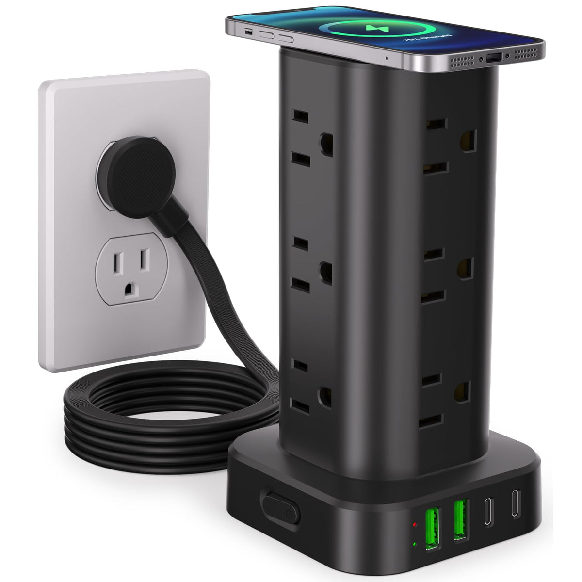 UWIWUTEI front view of power tower showing outlets and wireless pad for organized charging