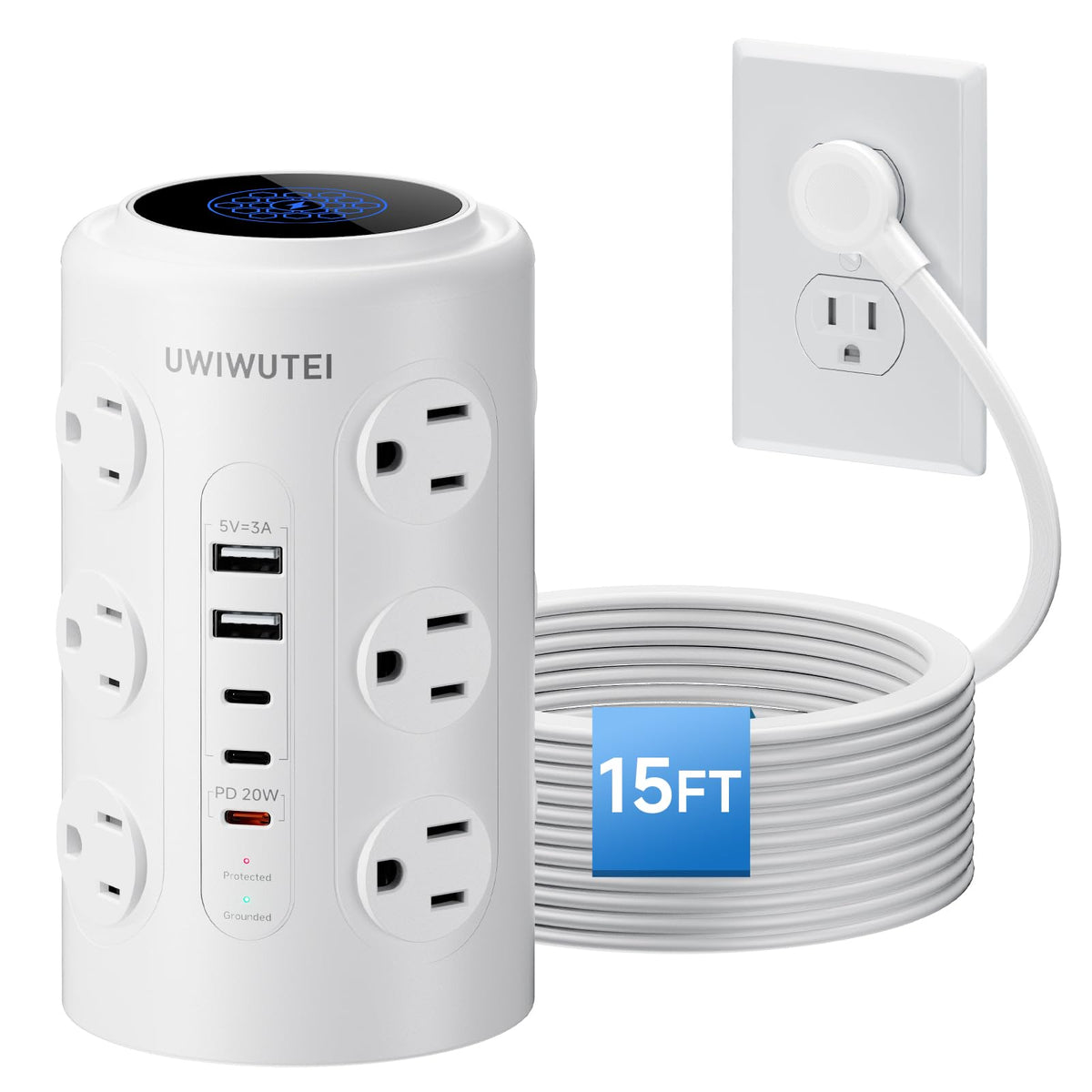 UWIWUTEI front view of tower power strip showing outlets and ports for organized charging