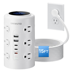 UWIWUTEI front view of tower power strip showing outlets and ports for organized charging