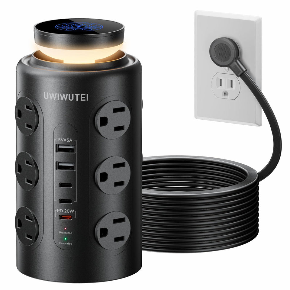 UWIWUTEI front view of tower showing all outlets and neat profile for space saving