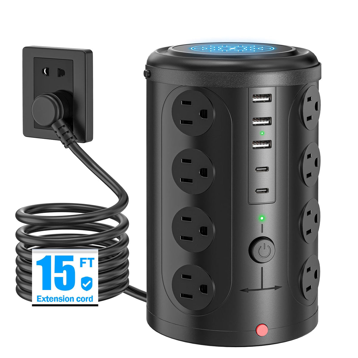 UWIWUTEI front view showing all outlets and compact tower design benefit organized charging