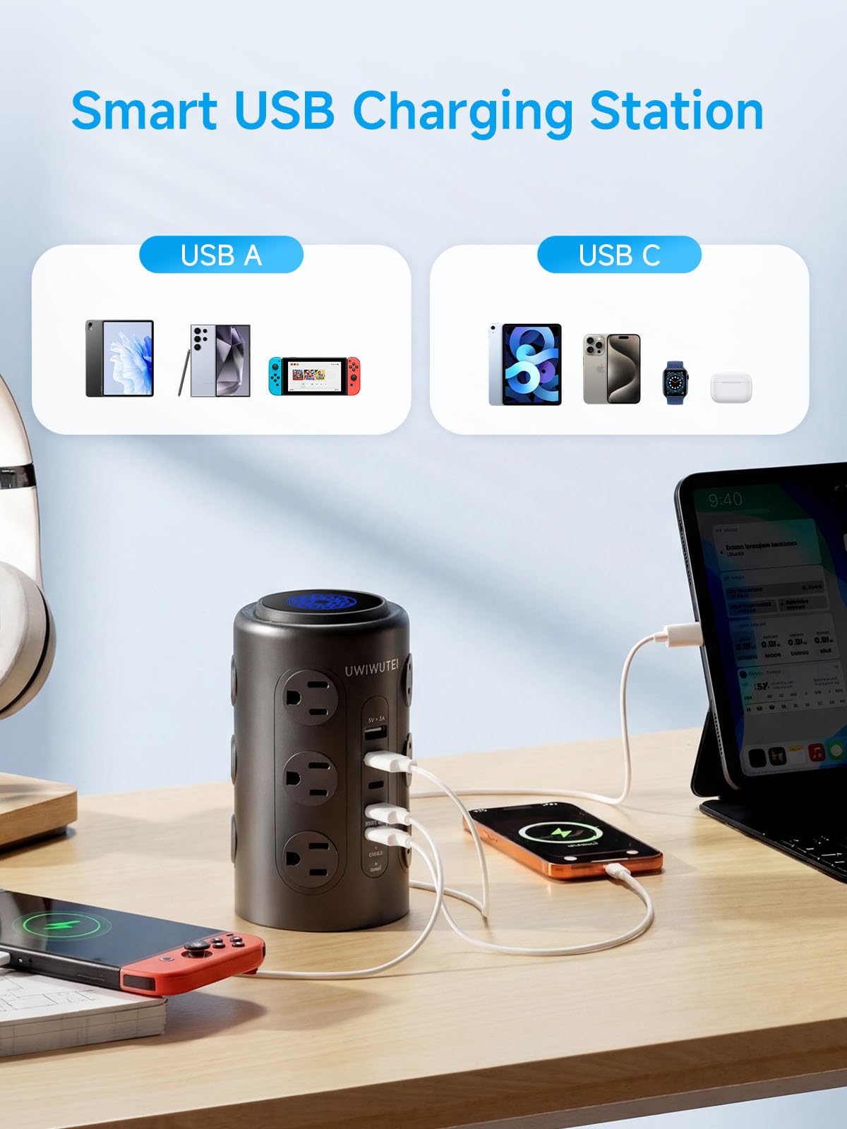 UWIWUTEI tower in use on office desk organizing power for devices