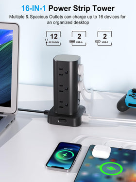 UWIWUTEI power strip tower with 12 AC outlets powers multiple devices from a single hub.