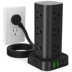 UWIWUTEI power strip tower with flat plug sits flush against the wall for a tidy setup.