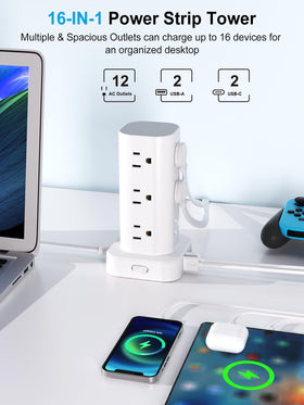 UWIWUTEI power strip tower features USB-A and USB-C ports for fast charging