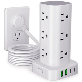 UWIWUTEI power tower front view showing 12 AC outlets and four USB ports for organized charging