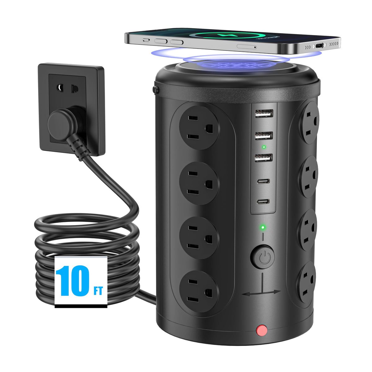 UWIWUTEI power tower front view showing many outlets and neat stacking benefit
