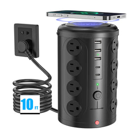 UWIWUTEI power tower front view showing many outlets and neat stacking benefit