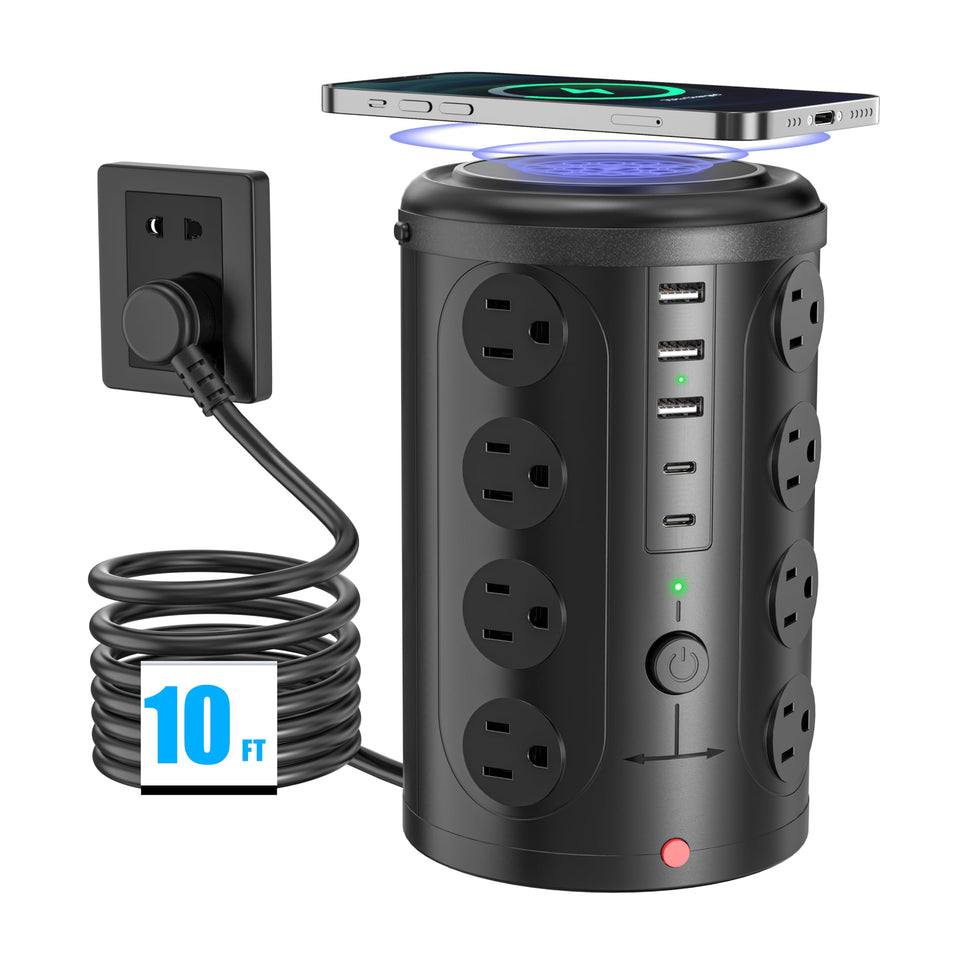UWIWUTEI power tower front view showing many outlets and neat stacking benefit