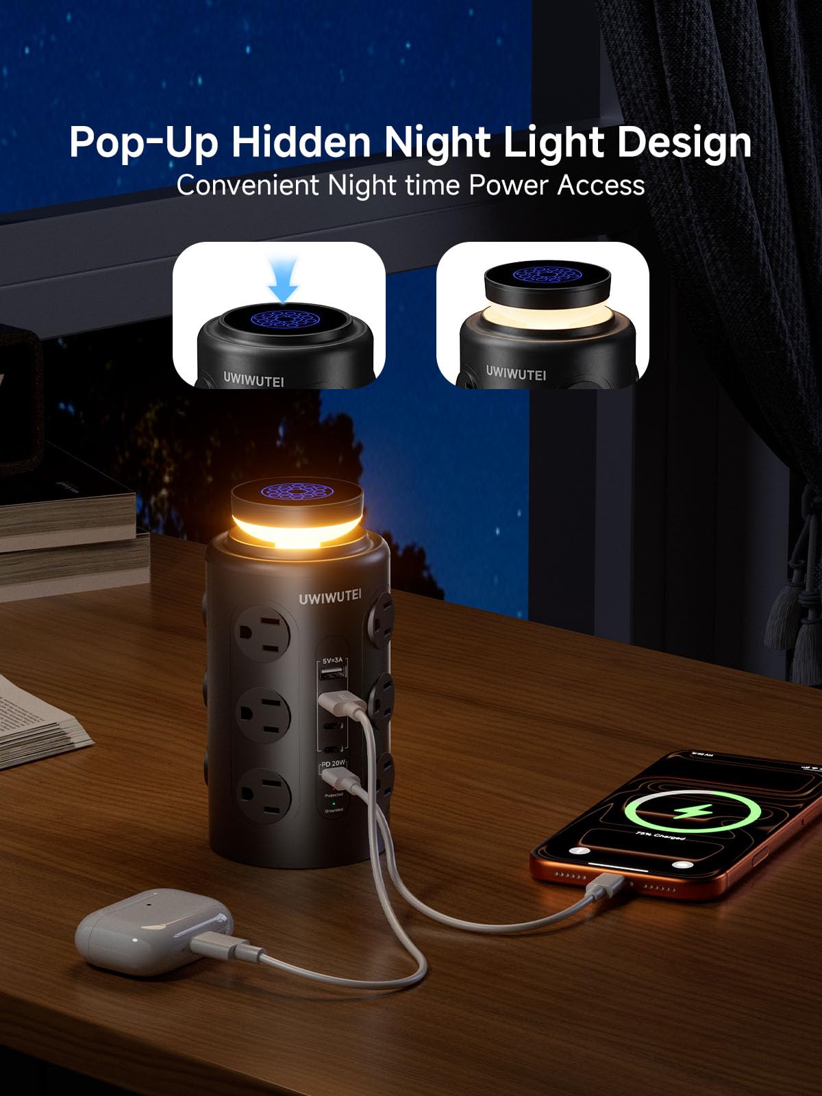 UWIWUTEI side view showing wide AC outlet spacing to fit large adapters