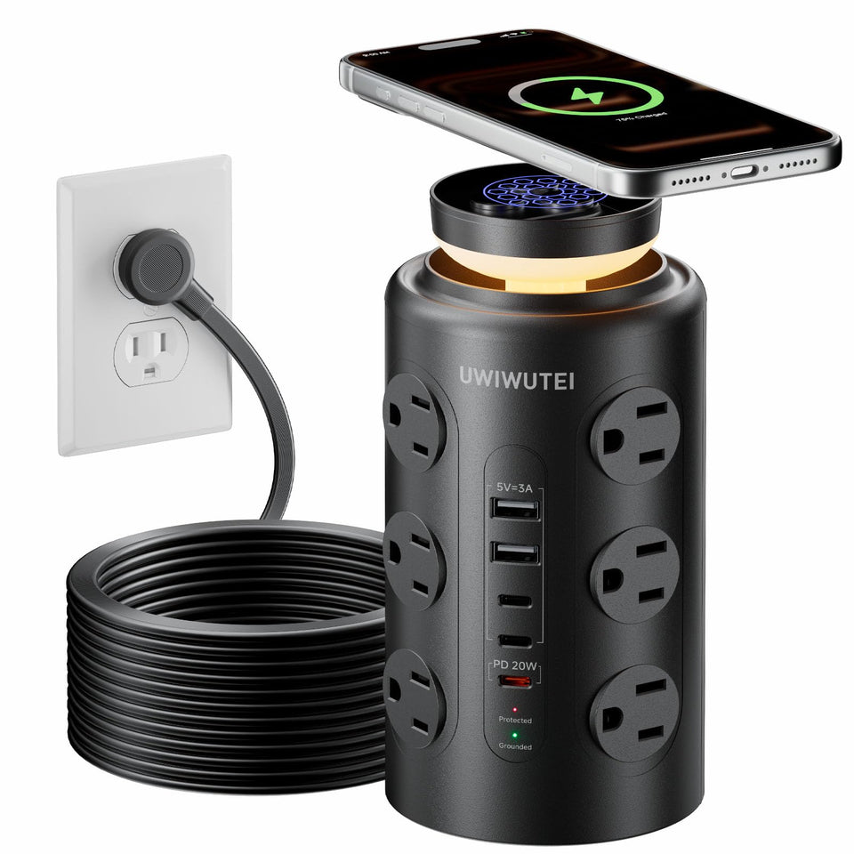 UWIWUTEI tower front view showing outlets and USB ports, organized charging benefit