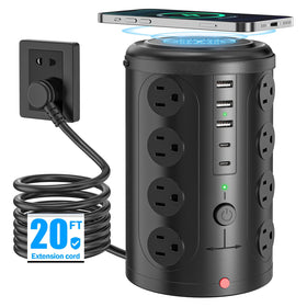 UWIWUTEI front view of tower power strip showing outlets and wireless pad for organized charging