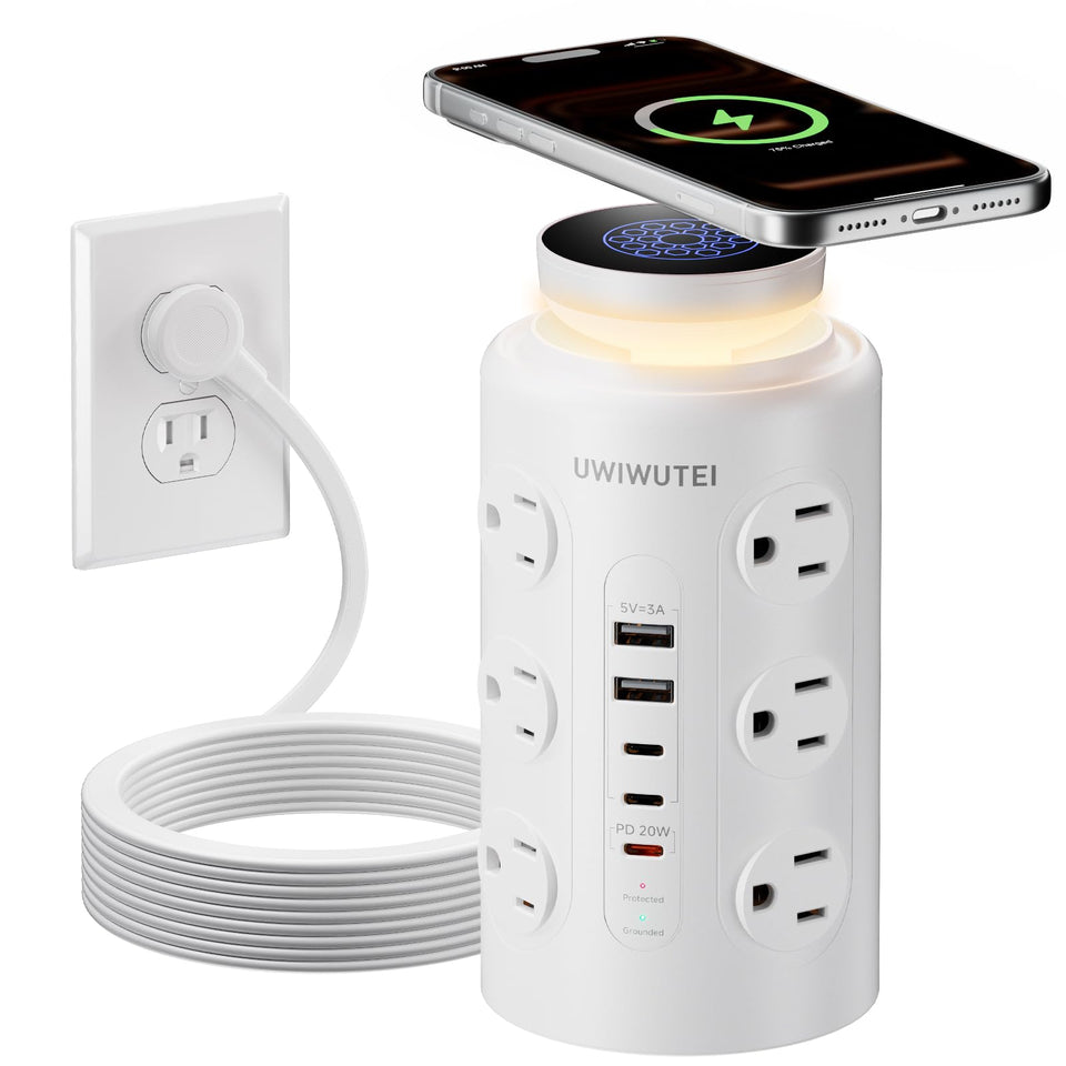 UWIWUTEI tower front view showing organized outlets and sleek finish for tidy power