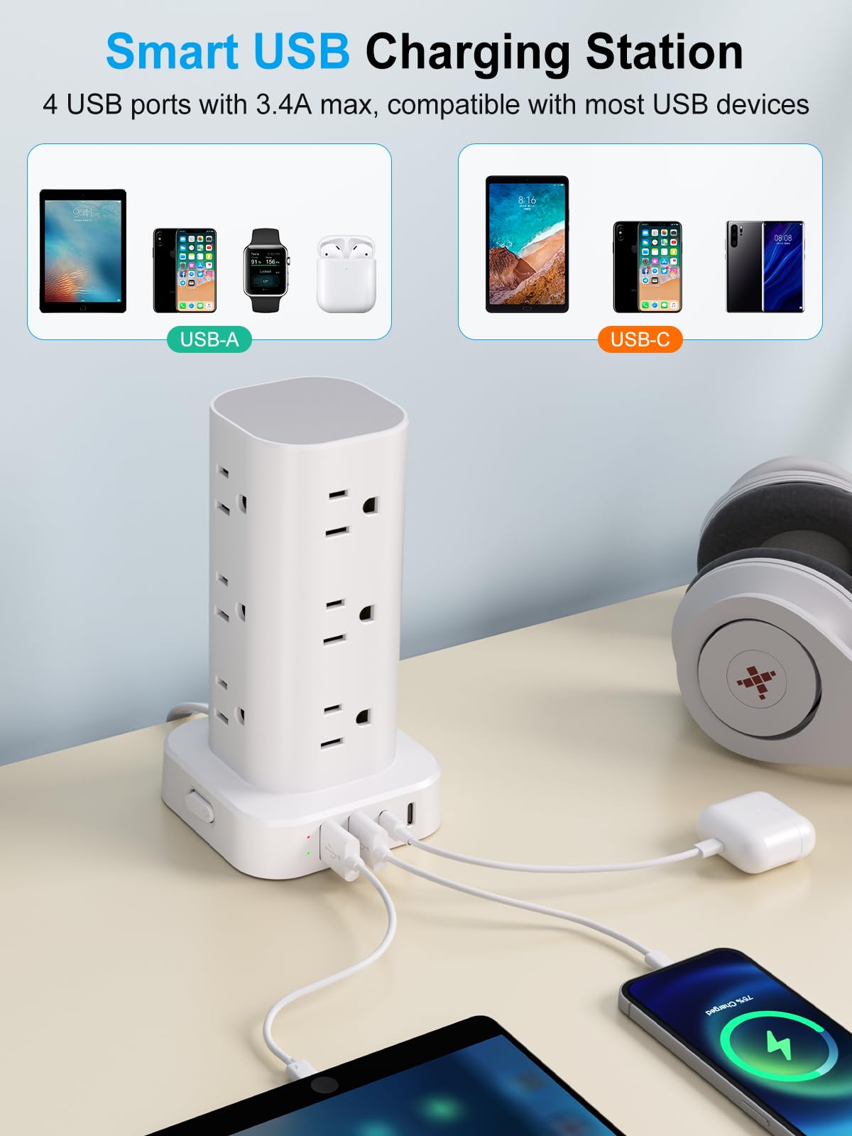 UWIWUTEI tower in use on a desk powering laptop, phone, and speakers to reduce clutter