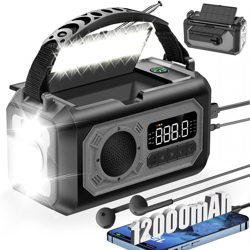 UYEIKMLOP 12000mAh emergency radio with twin solar panels for reliable off-grid charging