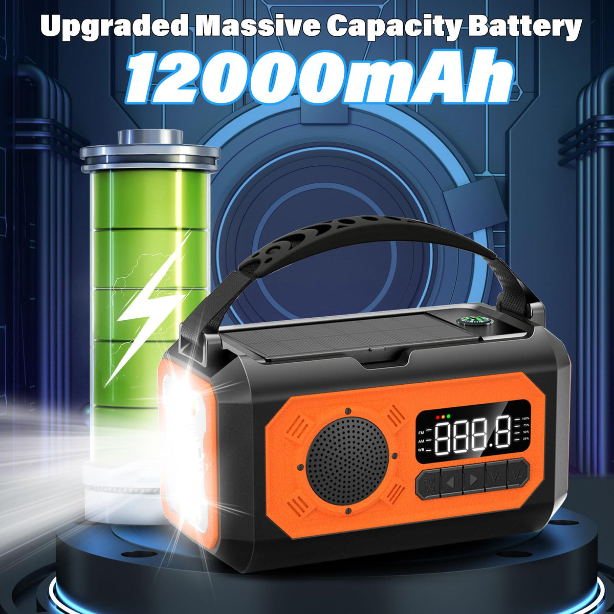 Hand crank power option for on-the-go charging in remote locations.