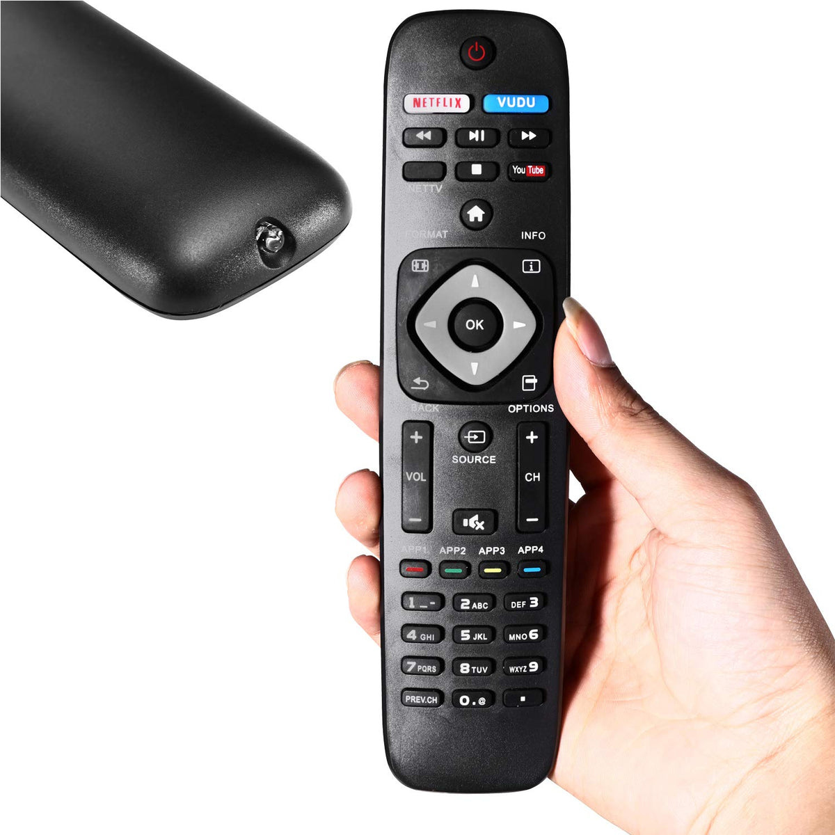 Uyibii NH500UP remote in hand demonstrates comfortable grip