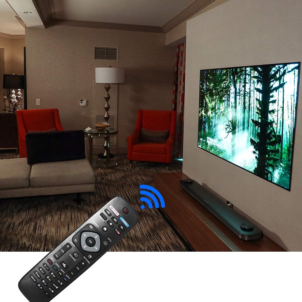 Uyibii NH500UP remote shown with two AAA batteries for setup