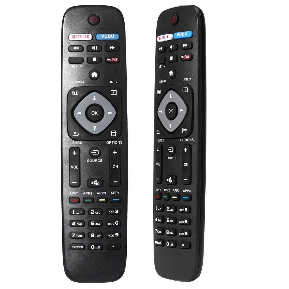 Uyibii NH500UP universal remote in hand, highlighting broad Philips compatibility and user-friendly design.