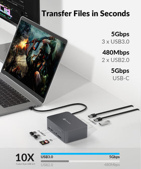 v AV Access unit in-use with two monitors and laptop charging at 60W